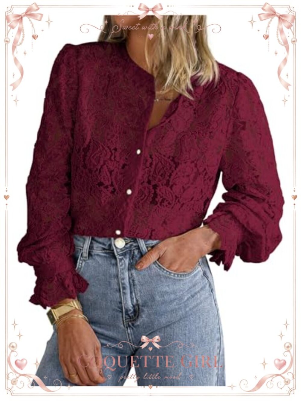 Women's Long Sleeve Lace Button-Up Blouse Crew Neck Fall Work Top